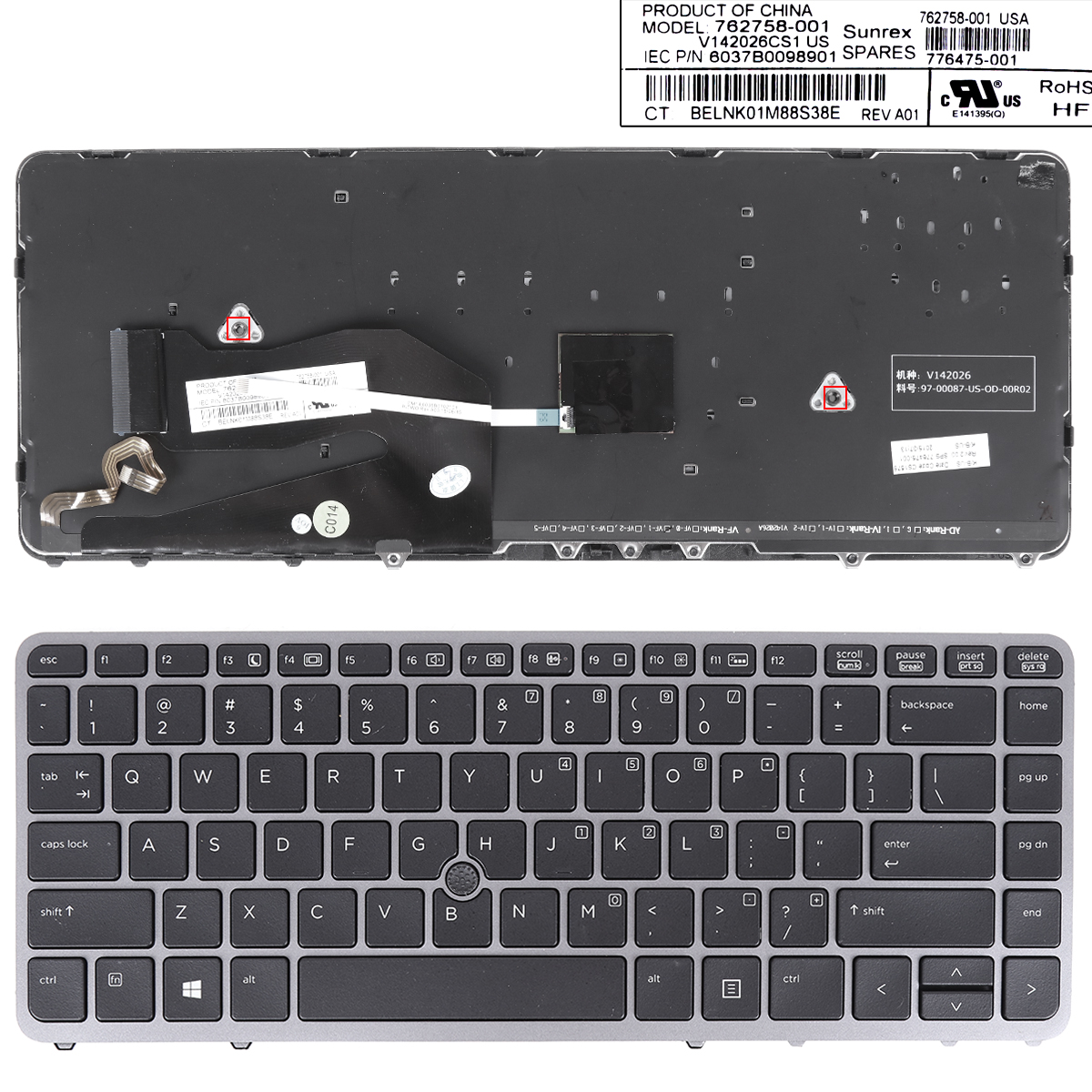 Picture of New Replacement Laptop Keyboard For HP EliteBook 840 G1 850 G1 SILVER FRAME BLACK (with point,Backlit,Win8) US Layout